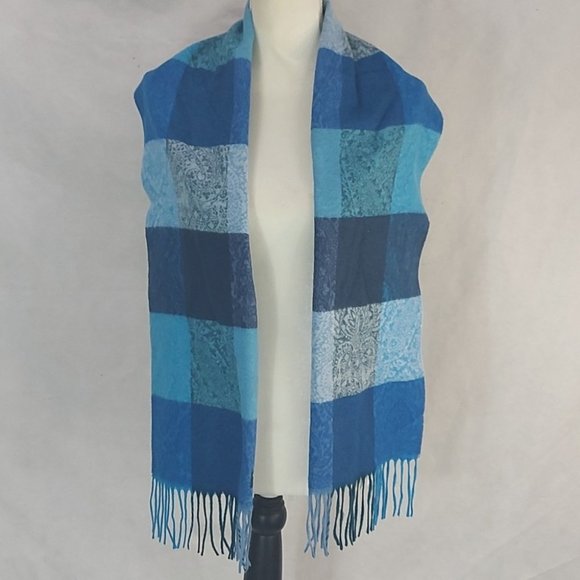 Blue Checkers Paisley Fringe Hem Soft Scarf Wrap Made in Germany D4 - Picture 6 of 6